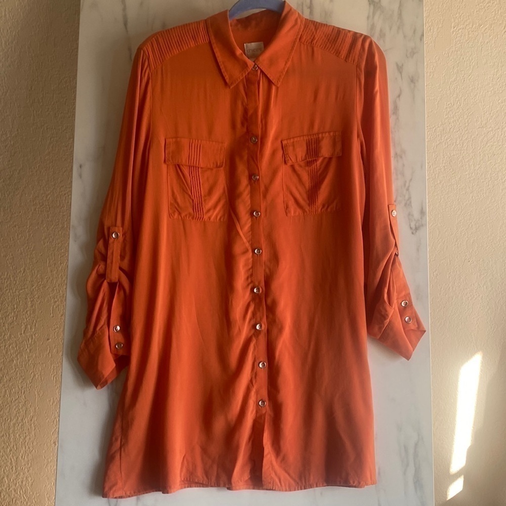 Chico’s Women’s Button Down Long Sleeve Blouse Size 1 100% Rayon Orange